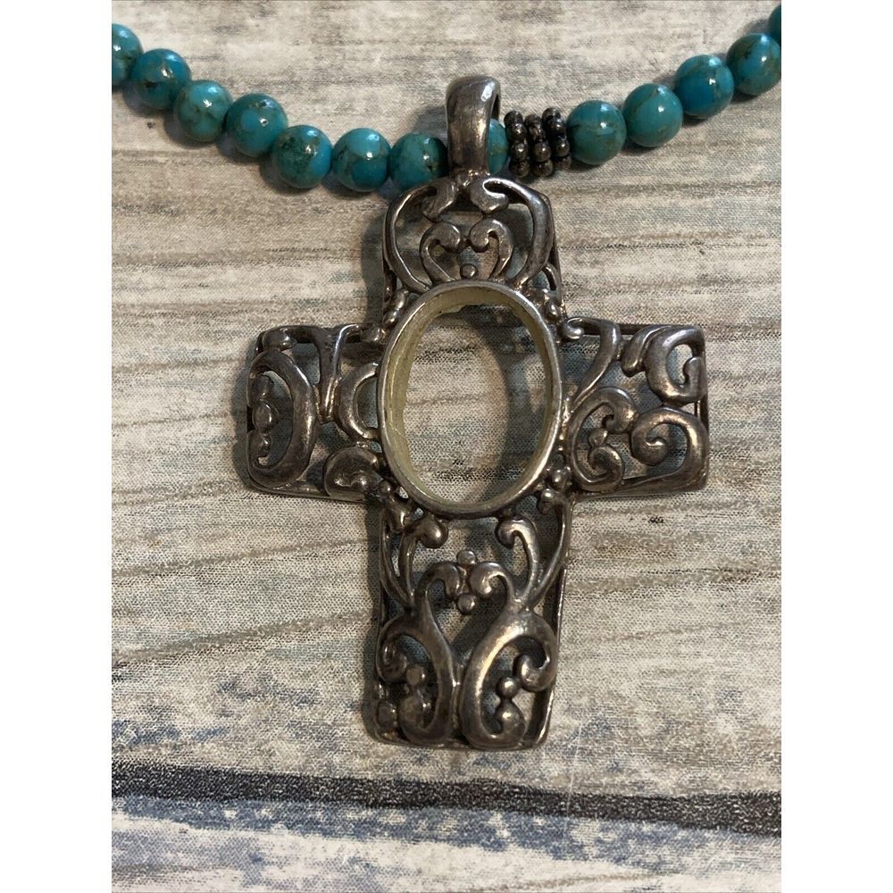 Sterling Silver Cross Turquoise Beads Necklace Missing‎ Stone 16" ornate